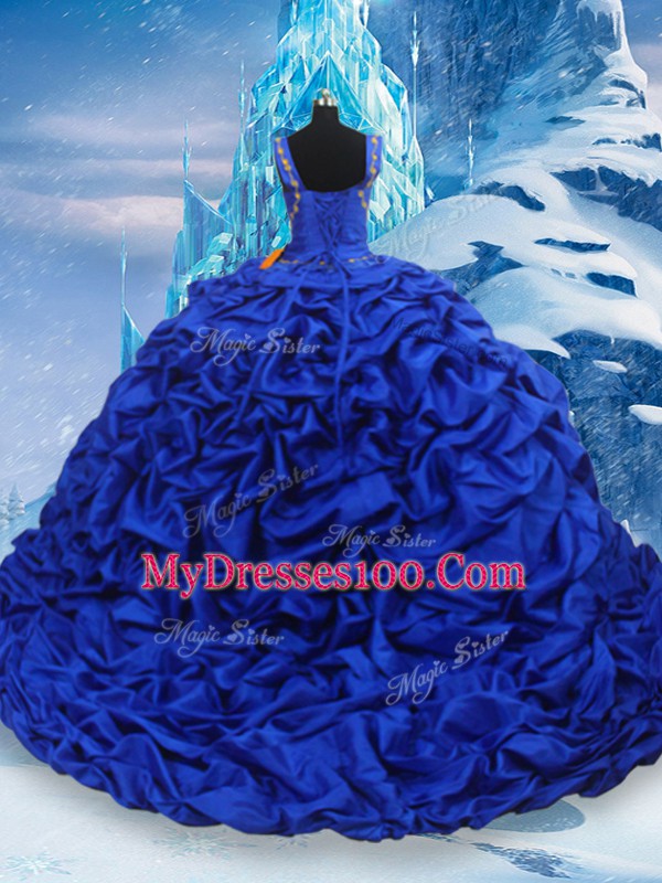 Taffeta Straps Sleeveless Brush Train Lace Up Ruffled Layers and Pick Ups 15th Birthday Dress in Blue And White