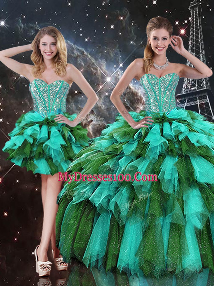 Multi-color Ball Gowns Beading and Ruffles and Ruffled Layers Ball Gown Prom Dress Lace Up Organza Sleeveless Floor Length