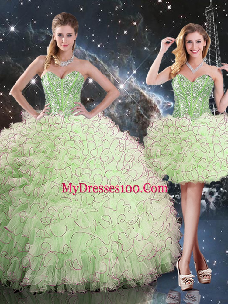 Sleeveless Floor Length Beading and Ruffles Lace Up Vestidos de Quinceanera