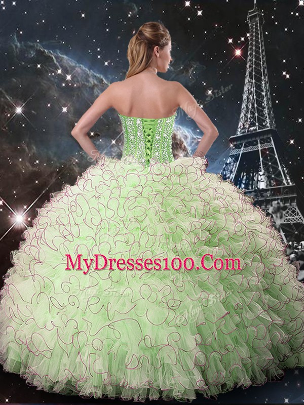 Sleeveless Floor Length Beading and Ruffles Lace Up Vestidos de Quinceanera