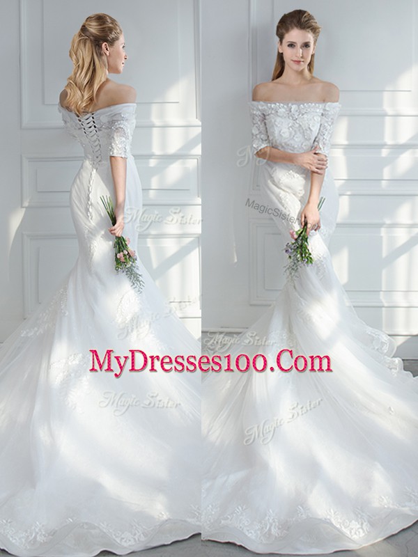 Superior Half Sleeves Court Train Lace and Appliques Lace Up Bridal Gown