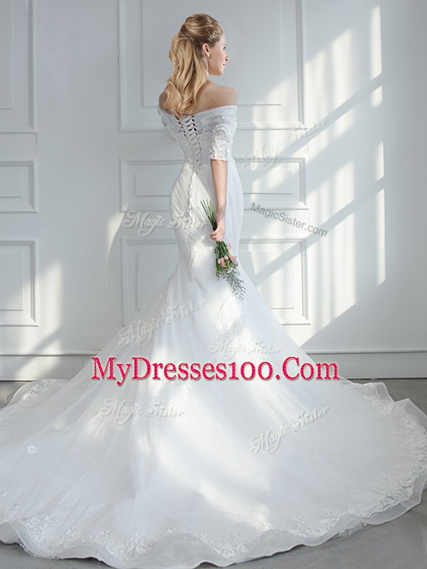 Superior Half Sleeves Court Train Lace and Appliques Lace Up Bridal Gown