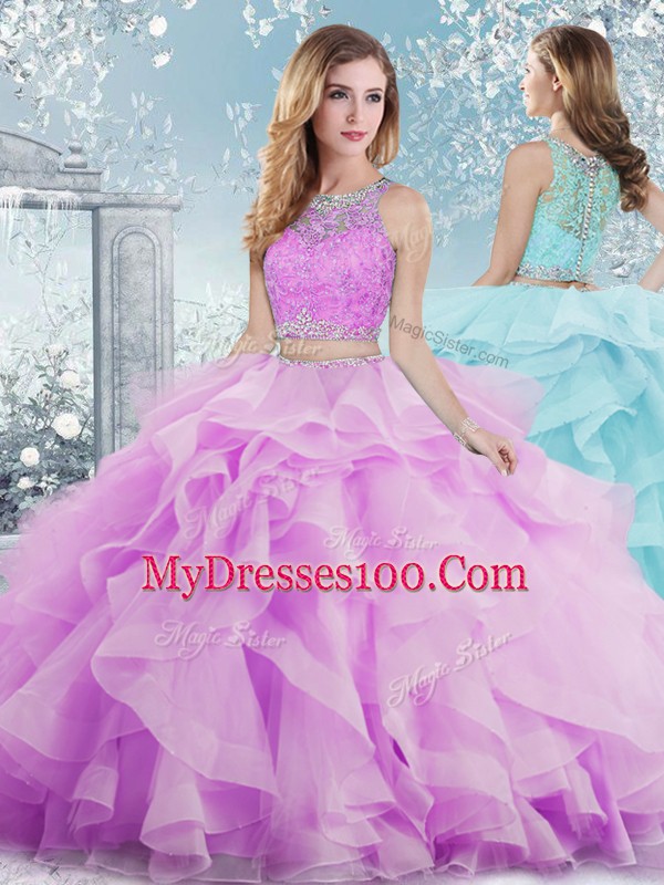 Lilac Sleeveless Beading and Ruffles Floor Length Quince Ball Gowns