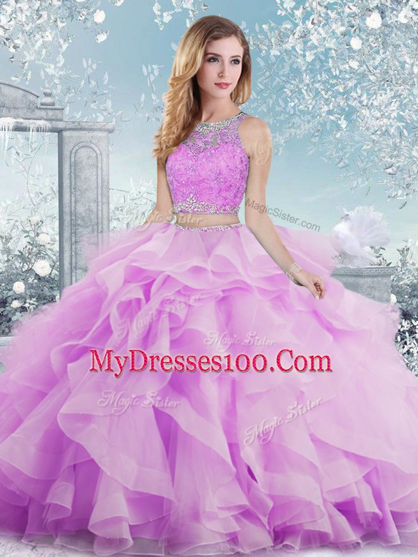 Lilac Sleeveless Beading and Ruffles Floor Length Quince Ball Gowns