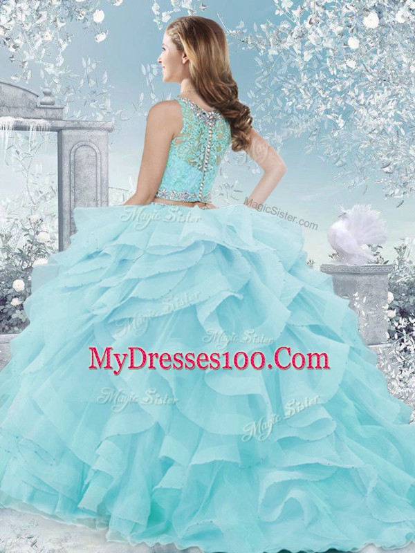 Lilac Sleeveless Beading and Ruffles Floor Length Quince Ball Gowns
