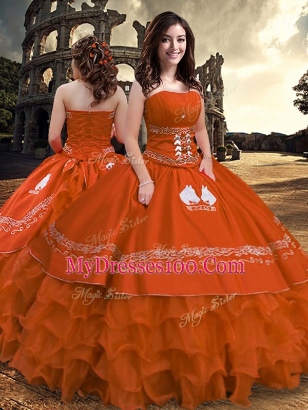 Rust Red Sleeveless Embroidery and Ruffled Layers Floor Length Sweet 16 Dress