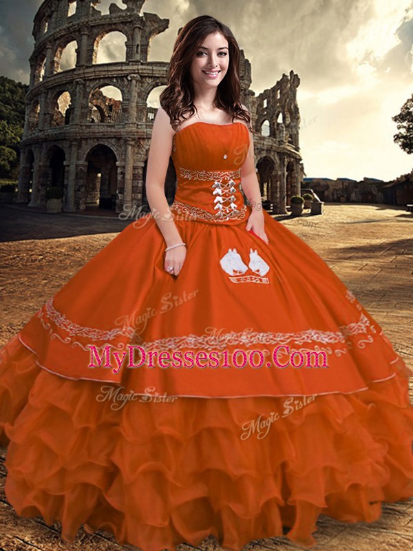 Rust Red Sleeveless Embroidery and Ruffled Layers Floor Length Sweet 16 Dress