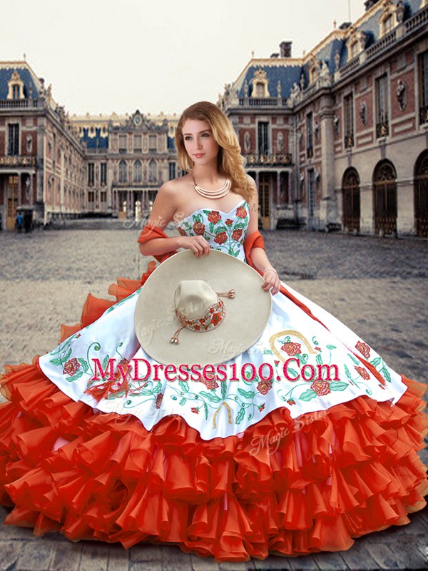 Affordable Orange Red Ball Gowns Sweetheart Sleeveless Organza Floor Length Lace Up Embroidery and Ruffled Layers Quinceanera Dress