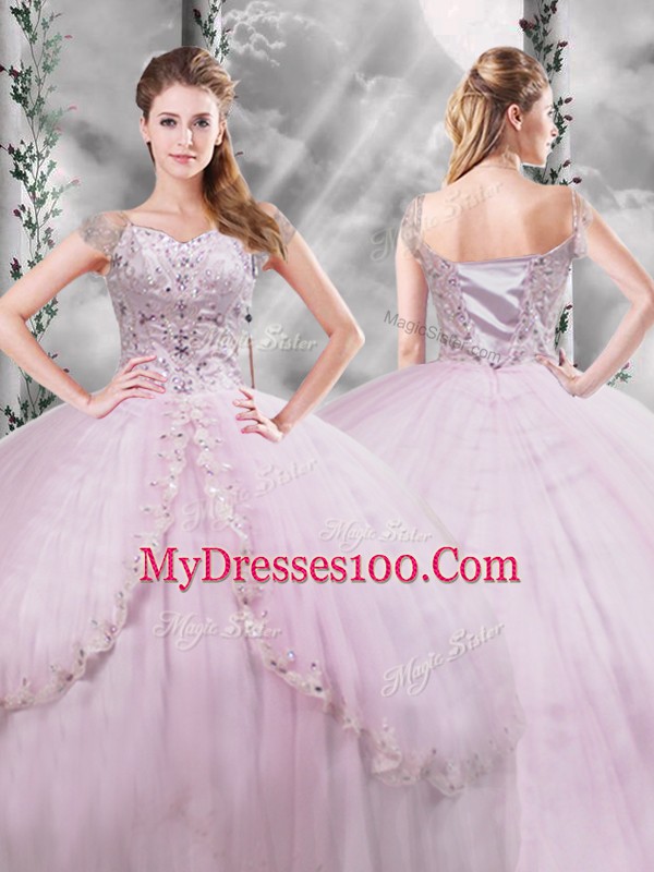 Captivating Lilac Ball Gowns Beading and Appliques 15 Quinceanera Dress Side Zipper Tulle Cap Sleeves