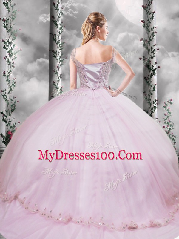 Captivating Lilac Ball Gowns Beading and Appliques 15 Quinceanera Dress Side Zipper Tulle Cap Sleeves