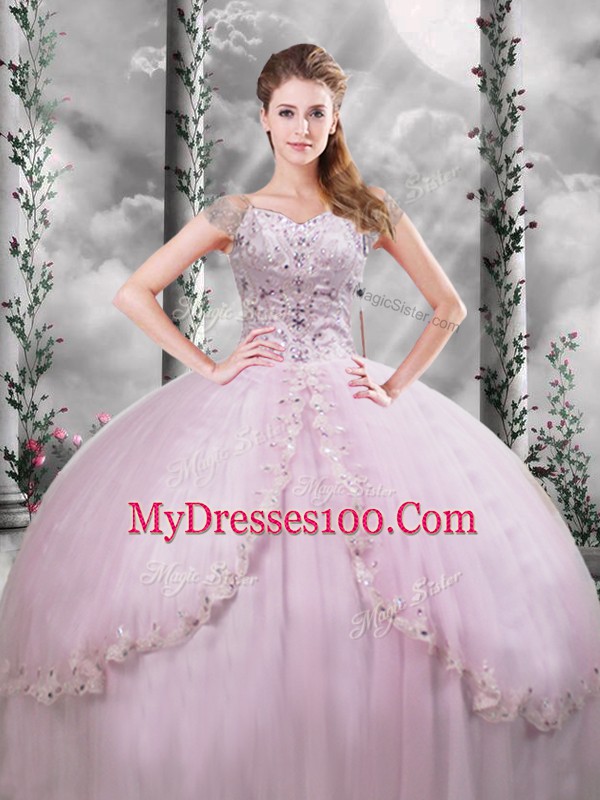 Captivating Lilac Ball Gowns Beading and Appliques 15 Quinceanera Dress Side Zipper Tulle Cap Sleeves
