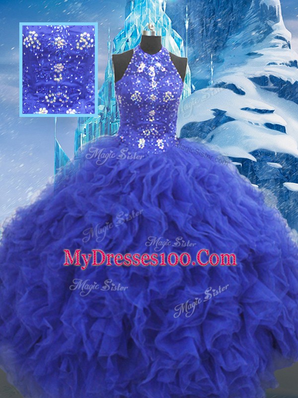 Blue Scoop Neckline Beading and Ruffles Quince Ball Gowns Sleeveless Lace Up