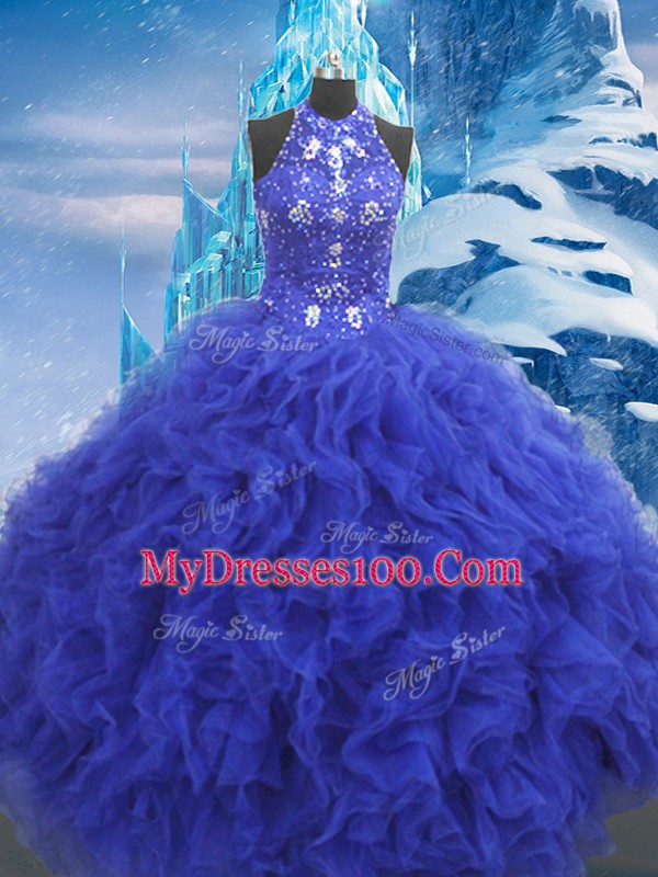 Blue Scoop Neckline Beading and Ruffles Quince Ball Gowns Sleeveless Lace Up