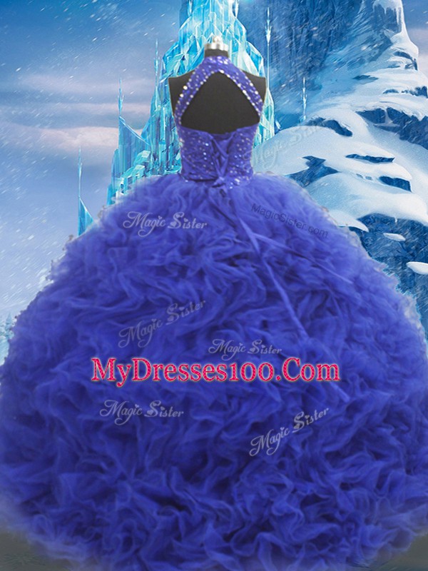 Blue Scoop Neckline Beading and Ruffles Quince Ball Gowns Sleeveless Lace Up