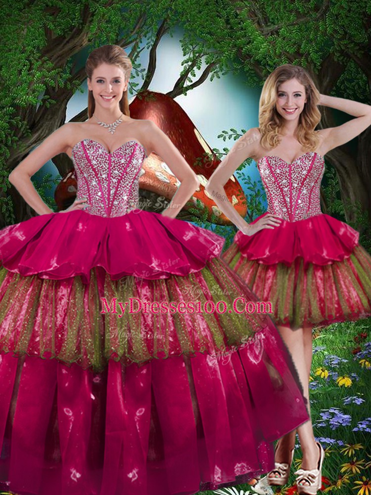 Burgundy Sleeveless Floor Length Beading and Ruffled Layers Lace Up Sweet 16 Quinceanera Dress