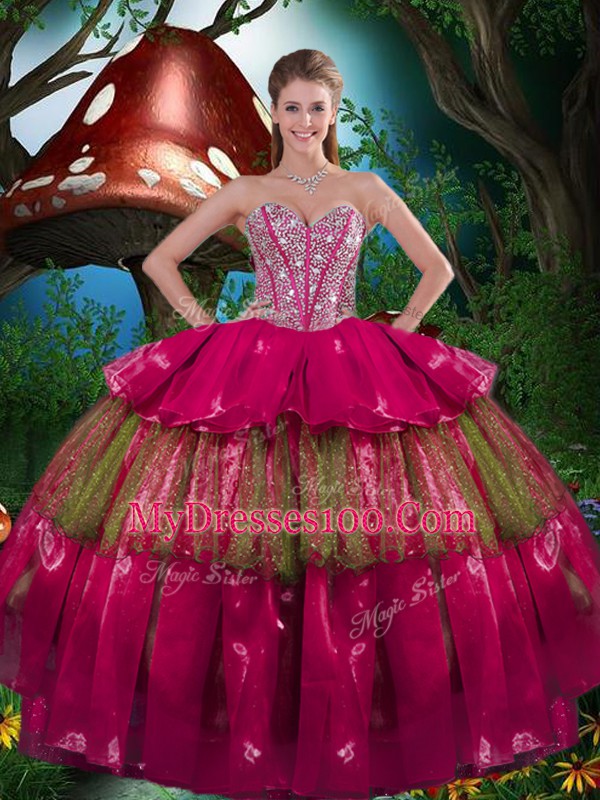 Burgundy Sleeveless Floor Length Beading and Ruffled Layers Lace Up Sweet 16 Quinceanera Dress