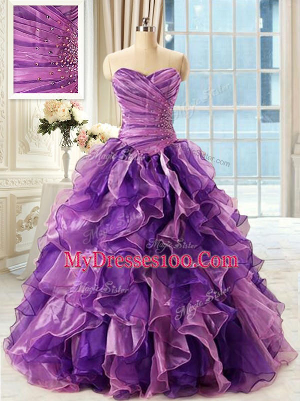 Gorgeous Eggplant Purple Ball Gowns Sweetheart Sleeveless Organza Floor Length Lace Up Beading and Ruffles Vestidos de Quinceanera