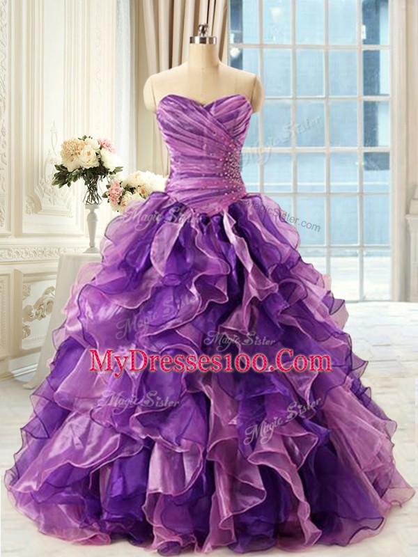 Gorgeous Eggplant Purple Ball Gowns Sweetheart Sleeveless Organza Floor Length Lace Up Beading and Ruffles Vestidos de Quinceanera