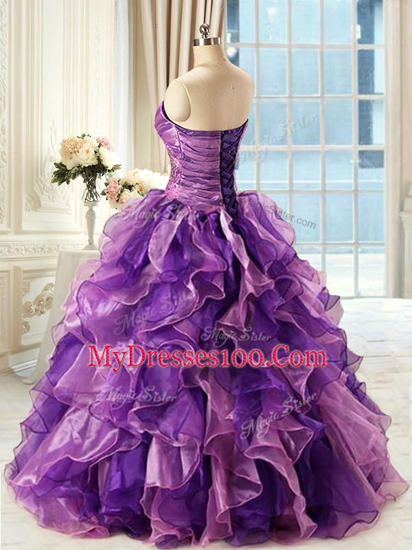 Gorgeous Eggplant Purple Ball Gowns Sweetheart Sleeveless Organza Floor Length Lace Up Beading and Ruffles Vestidos de Quinceanera