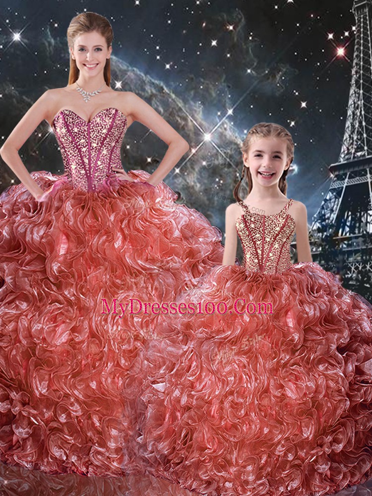 Classical Rust Red Lace Up Sweetheart Beading and Ruffles 15 Quinceanera Dress Organza Sleeveless