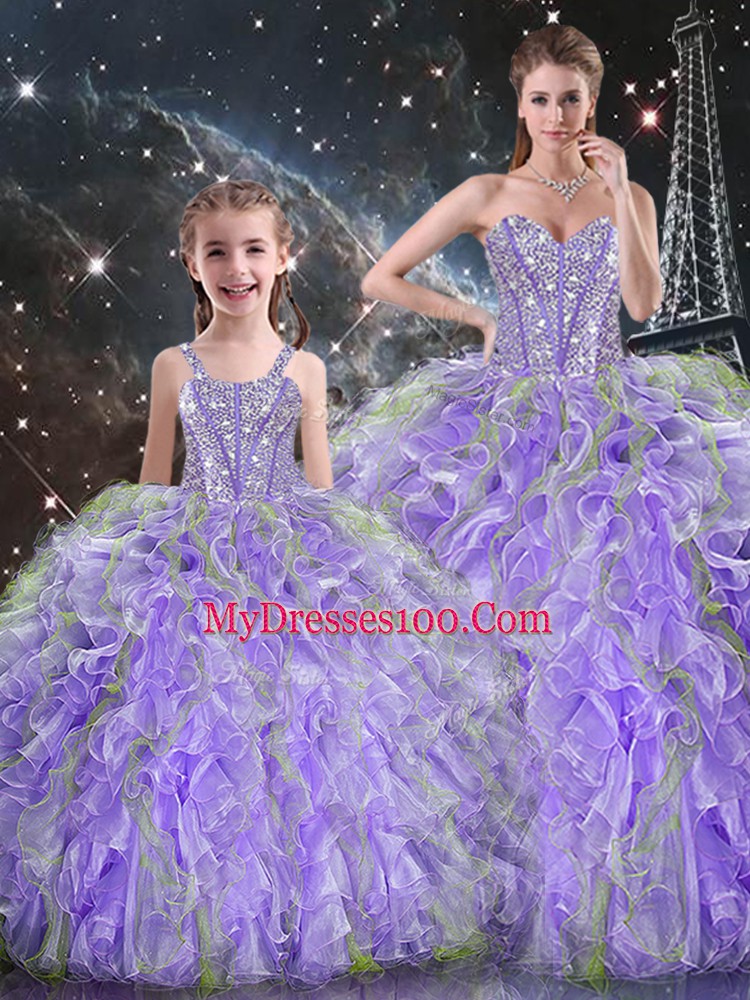 Custom Fit Lavender Lace Up Sweet 16 Dresses Beading and Ruffles Sleeveless Floor Length
