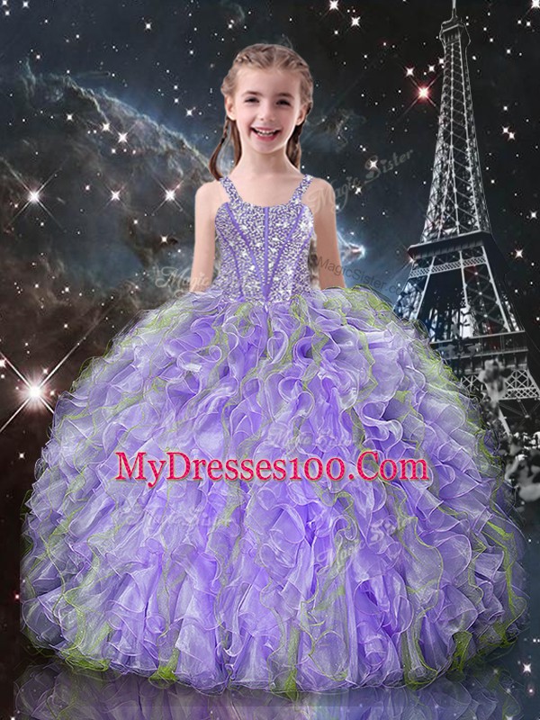 Custom Fit Lavender Lace Up Sweet 16 Dresses Beading and Ruffles Sleeveless Floor Length