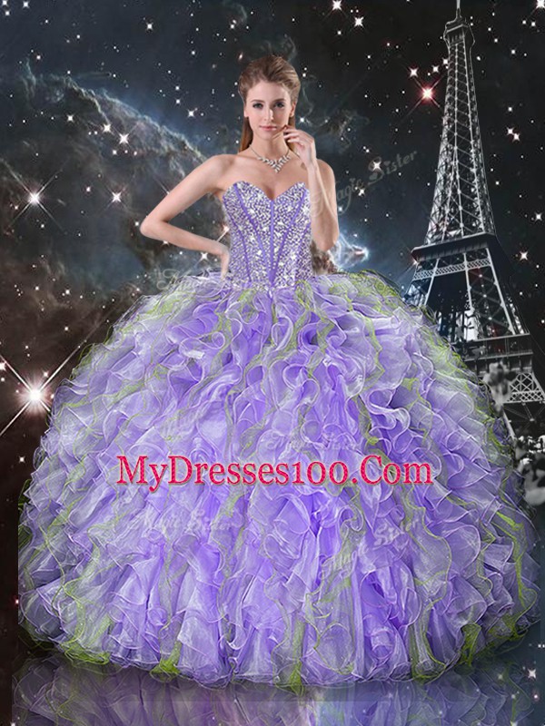 Custom Fit Lavender Lace Up Sweet 16 Dresses Beading and Ruffles Sleeveless Floor Length