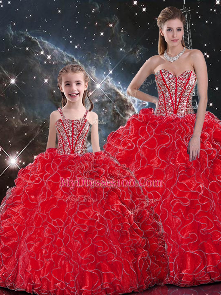 Popular Wine Red Lace Up Sweetheart Beading and Ruffles Vestidos de Quinceanera Organza Sleeveless