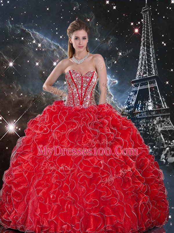 Popular Wine Red Lace Up Sweetheart Beading and Ruffles Vestidos de Quinceanera Organza Sleeveless