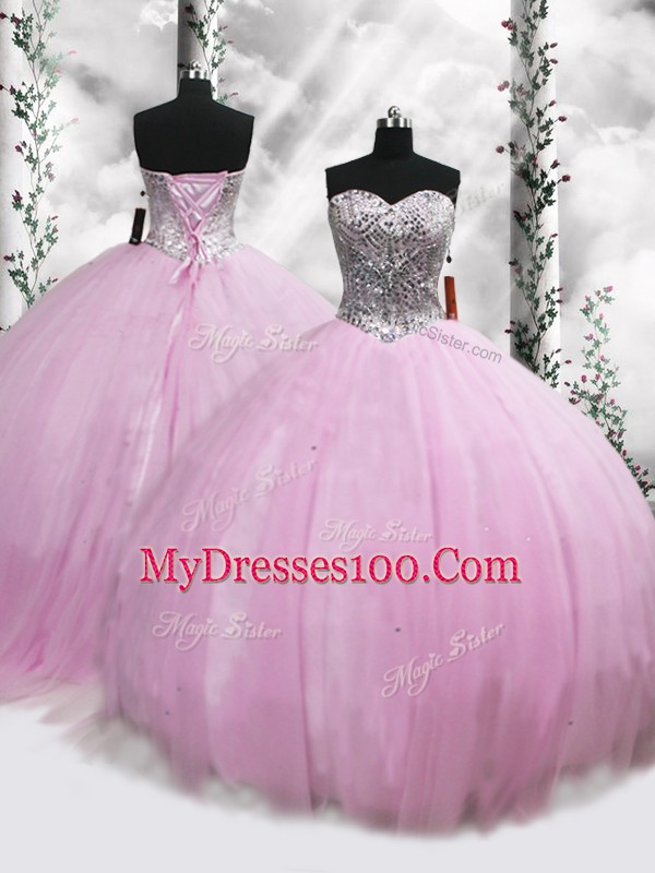 Luxury Lilac Sweet 16 Dresses Tulle Brush Train Sleeveless Beading