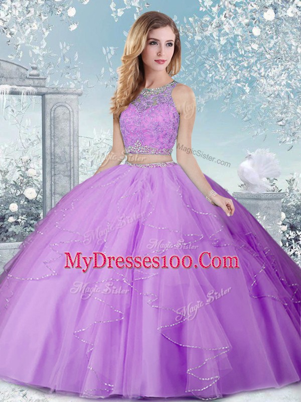 Beautiful Lavender Clasp Handle Sweet 16 Dress Beading Sleeveless Floor Length