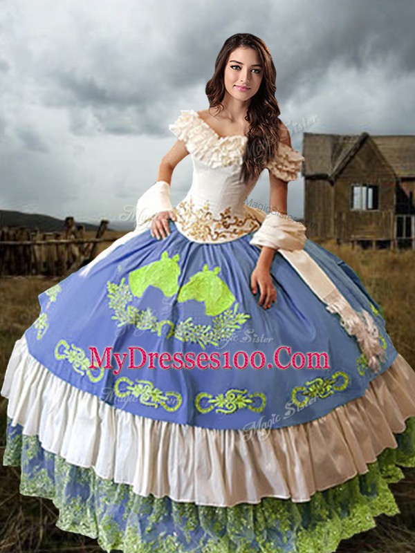 Elegant Multi-color Sleeveless Embroidery and Ruffled Layers Lace Up Ball Gown Prom Dress
