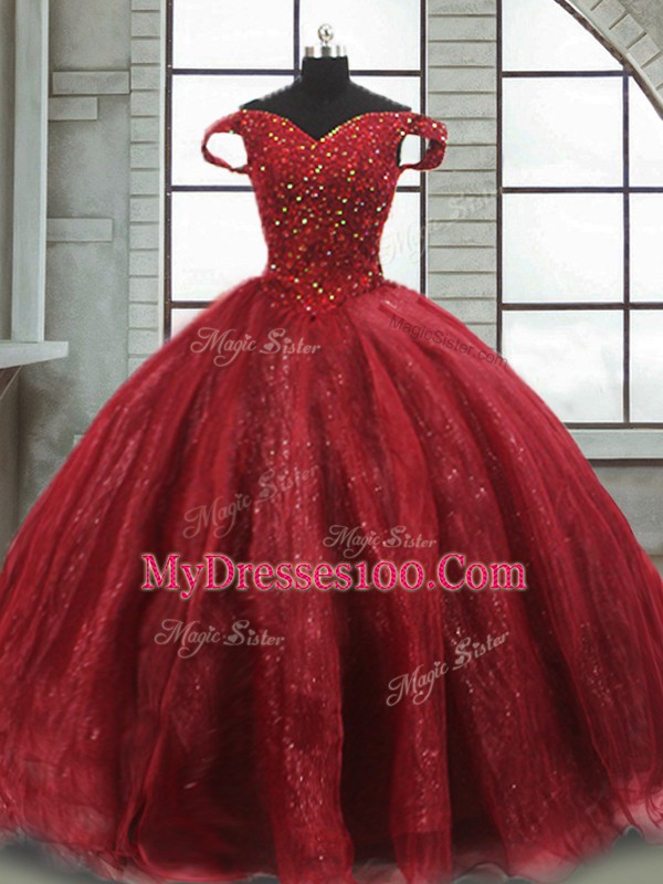 Wine Red Ball Gowns Off The Shoulder Sleeveless Tulle Brush Train Lace Up Beading Sweet 16 Quinceanera Dress