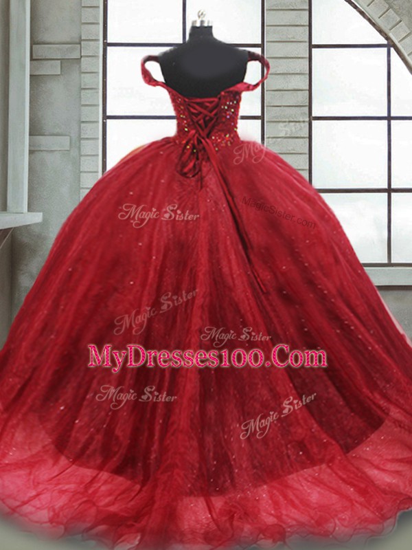 Wine Red Ball Gowns Off The Shoulder Sleeveless Tulle Brush Train Lace Up Beading Sweet 16 Quinceanera Dress