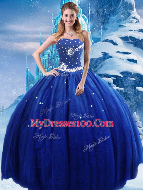 Dazzling Strapless Sleeveless Tulle Sweet 16 Dresses Beading Lace Up