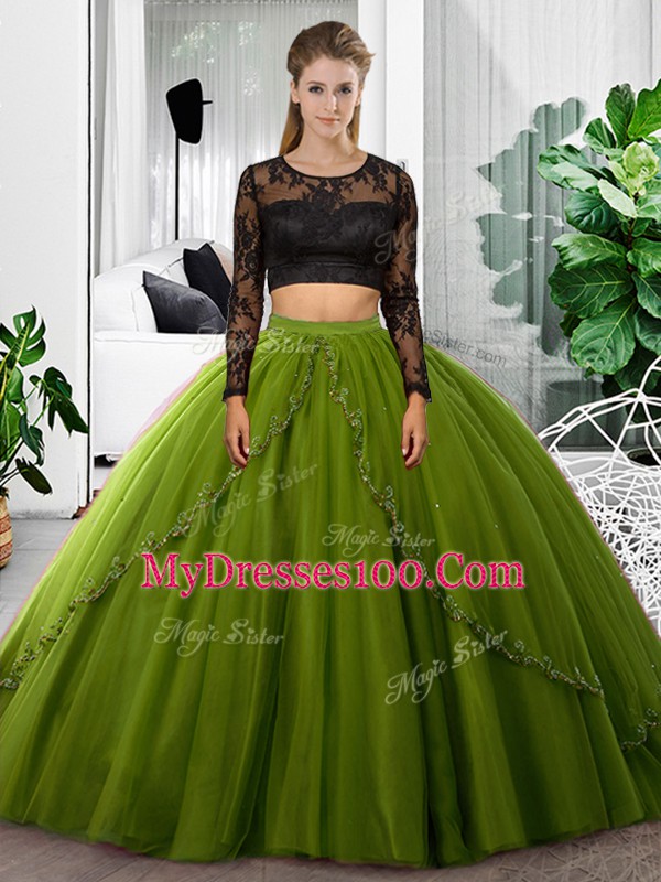Dramatic Olive Green Long Sleeves Floor Length Lace and Ruching Backless Quinceanera Dress