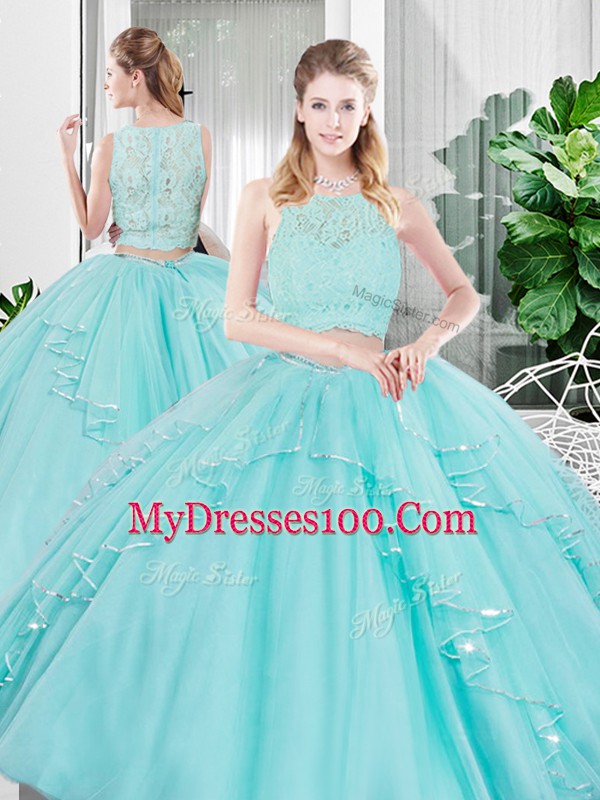 New Style Aqua Blue Scoop Neckline Lace and Ruffled Layers Sweet 16 Dresses Sleeveless Zipper