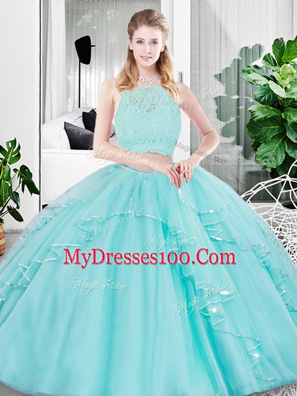 New Style Aqua Blue Scoop Neckline Lace and Ruffled Layers Sweet 16 Dresses Sleeveless Zipper