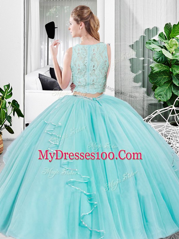 New Style Aqua Blue Scoop Neckline Lace and Ruffled Layers Sweet 16 Dresses Sleeveless Zipper