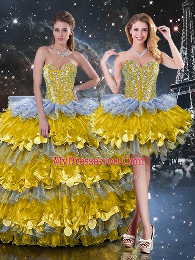 Sleeveless Floor Length Beading and Ruffled Layers Lace Up Quinceanera Gown with Multi-color