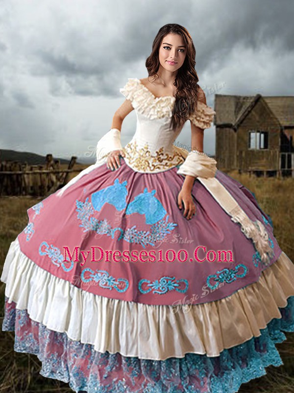 Off The Shoulder Sleeveless Taffeta 15th Birthday Dress Embroidery and Ruffled Layers Brush Train Lace Up
