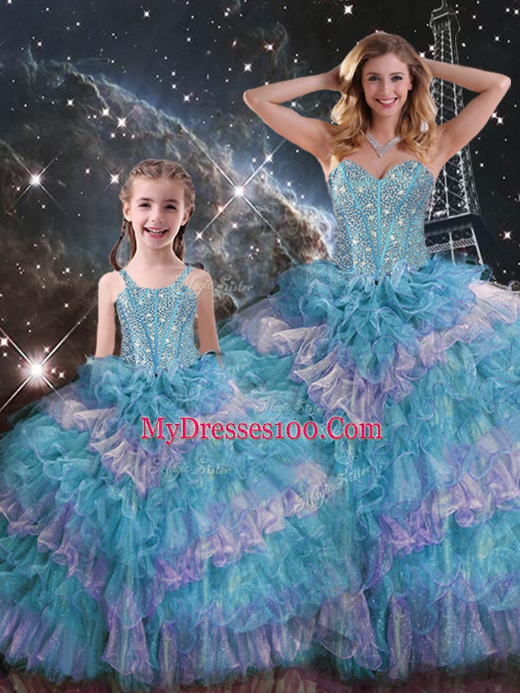 Excellent Multi-color Sleeveless Floor Length Beading and Ruffled Layers Lace Up Quince Ball Gowns
