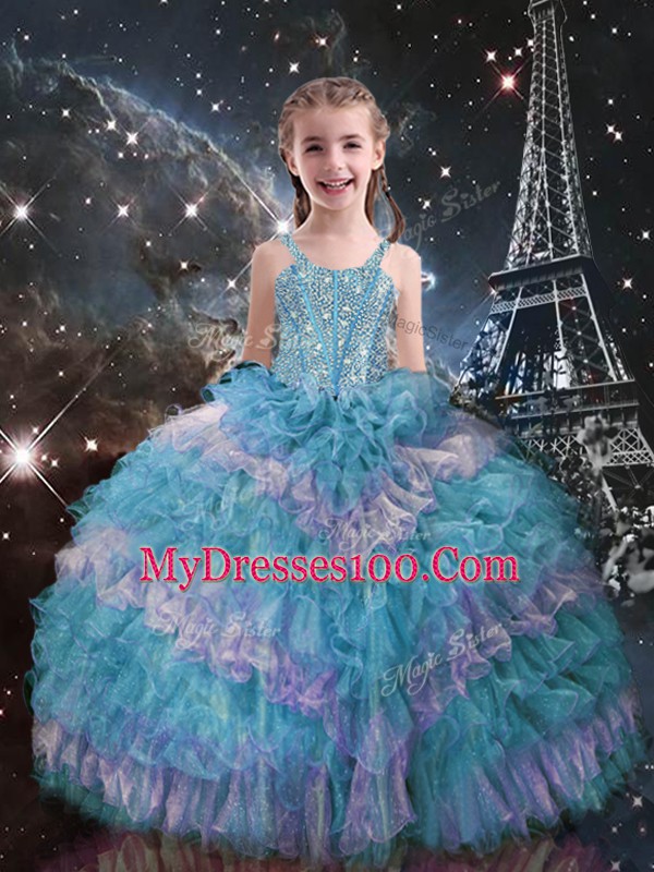 Excellent Multi-color Sleeveless Floor Length Beading and Ruffled Layers Lace Up Quince Ball Gowns
