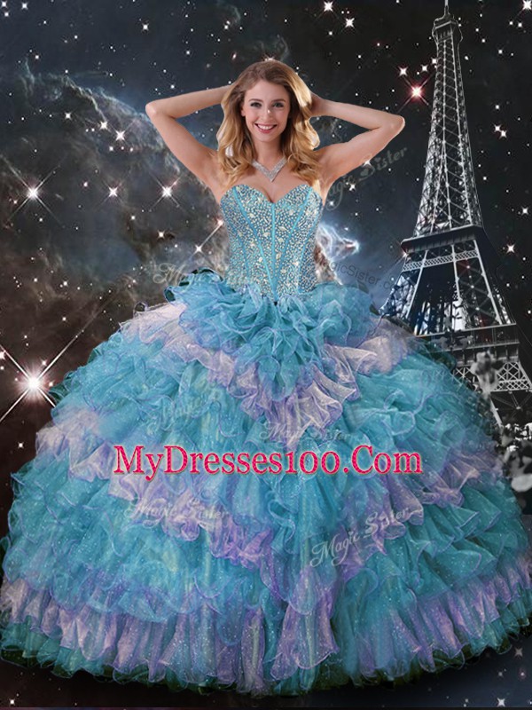 Excellent Multi-color Sleeveless Floor Length Beading and Ruffled Layers Lace Up Quince Ball Gowns