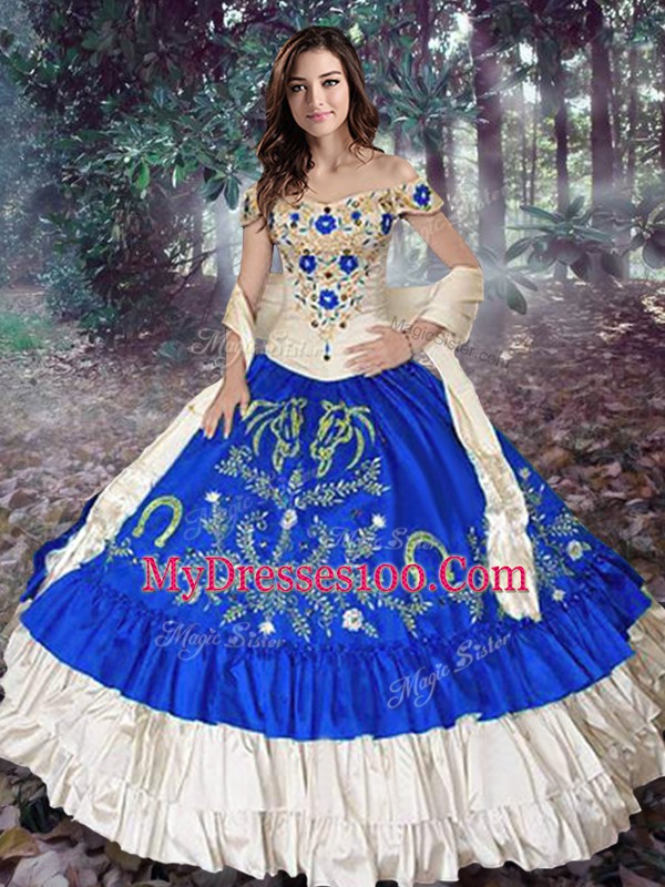 Royal Blue Taffeta Lace Up Off The Shoulder Sleeveless Floor Length Vestidos de Quinceanera Embroidery and Ruffled Layers
