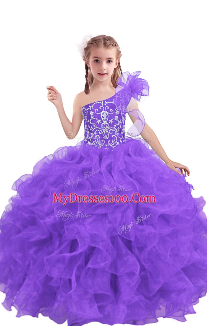 One Shoulder Sleeveless Lace Up Little Girls Pageant Dress Lilac Organza