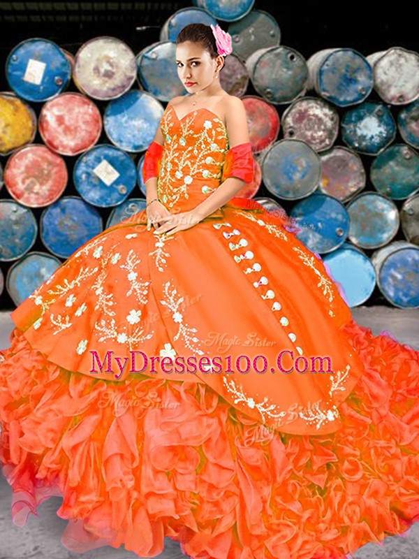 Custom Fit Lace Up Vestidos de Quinceanera Orange Red for Military Ball and Sweet 16 and Quinceanera with Embroidery and Ruffles Brush Train