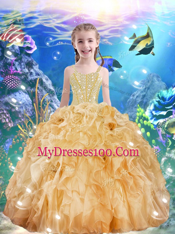 Organza Straps Sleeveless Lace Up Beading and Ruffles Little Girl Pageant Gowns in Champagne