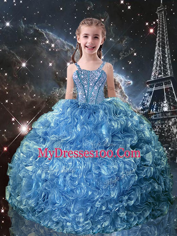 Nice Organza Straps Sleeveless Lace Up Beading and Ruffles Little Girl Pageant Dress in Baby Blue