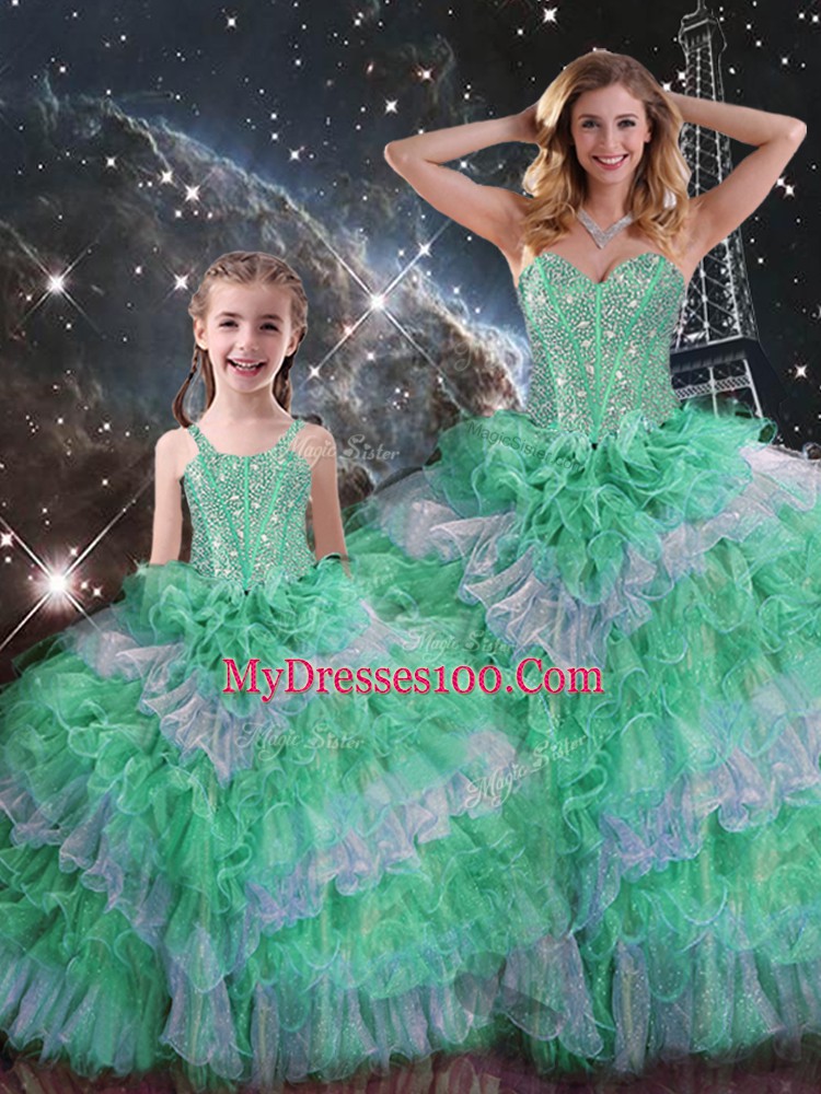 Flare Organza Sleeveless Floor Length Sweet 16 Dresses and Beading and Ruffled Layers